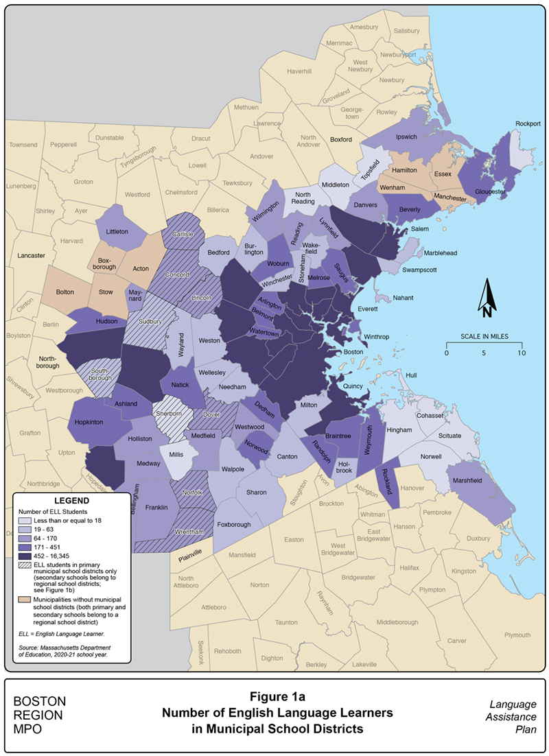 Figure 1A is a map showing the number of English language learners in municipal school districts in the Boston region. Figure 1A is a map showing the number of English language learners in municipal school districts in the Boston region.